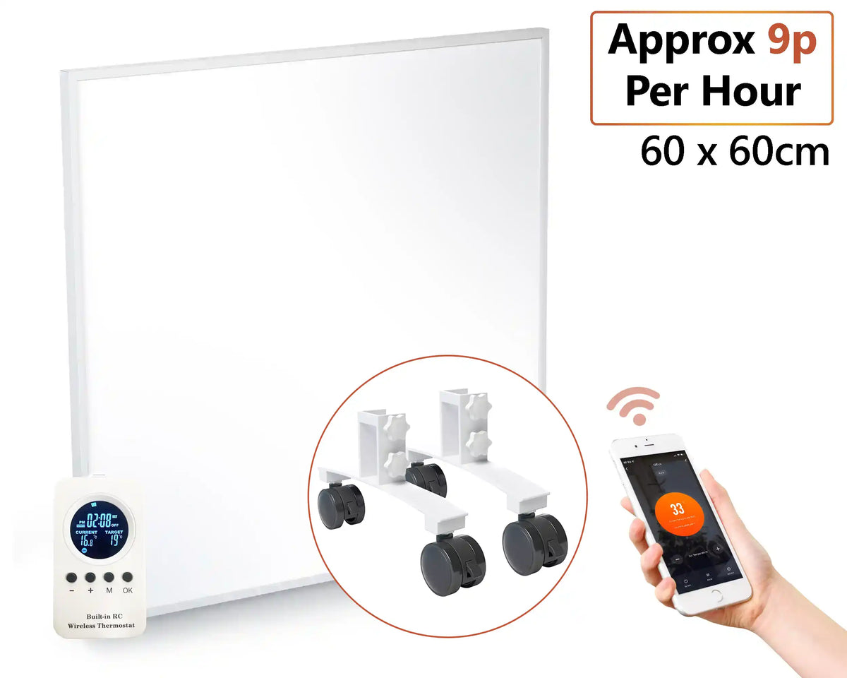 Smart light panel with wheels, control device, and smartphone app on a white background