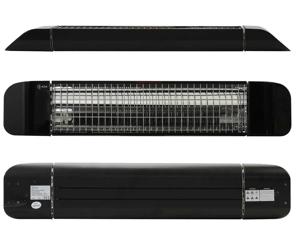 KIASA Sona outdoor infrared heater in black, shown from the top, front and back