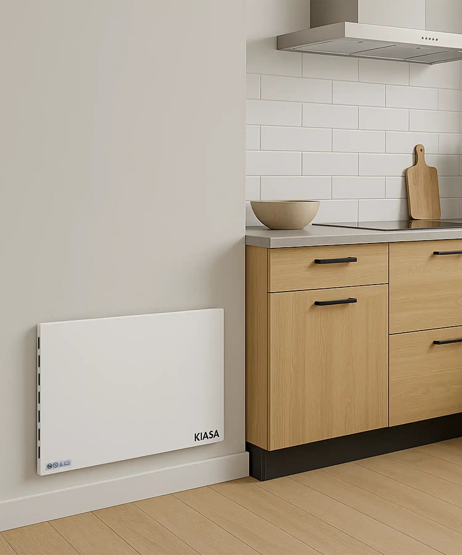 Kiasa Kore Hybrid Heater installed in a contemporary kitchen with light wood cabinets
