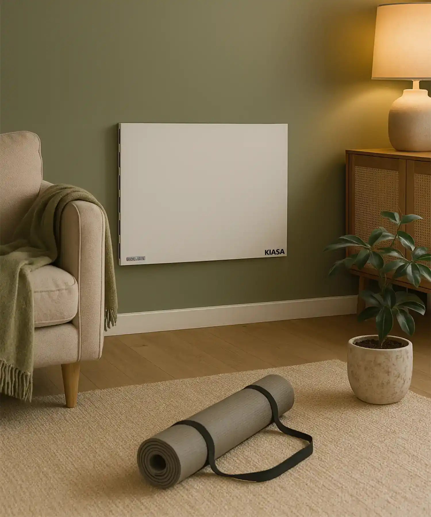 Kiasa Kore Hybrid Heater in a calming home yoga space with rolled mat and soft lighting