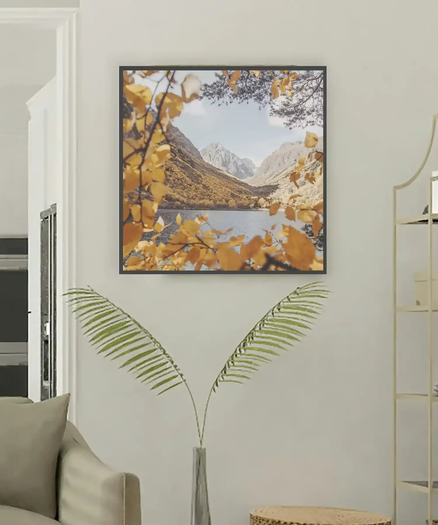 Infrared picture panel heater featuring an autumn landscape in a cosy living space with neutral tones and elegant décor