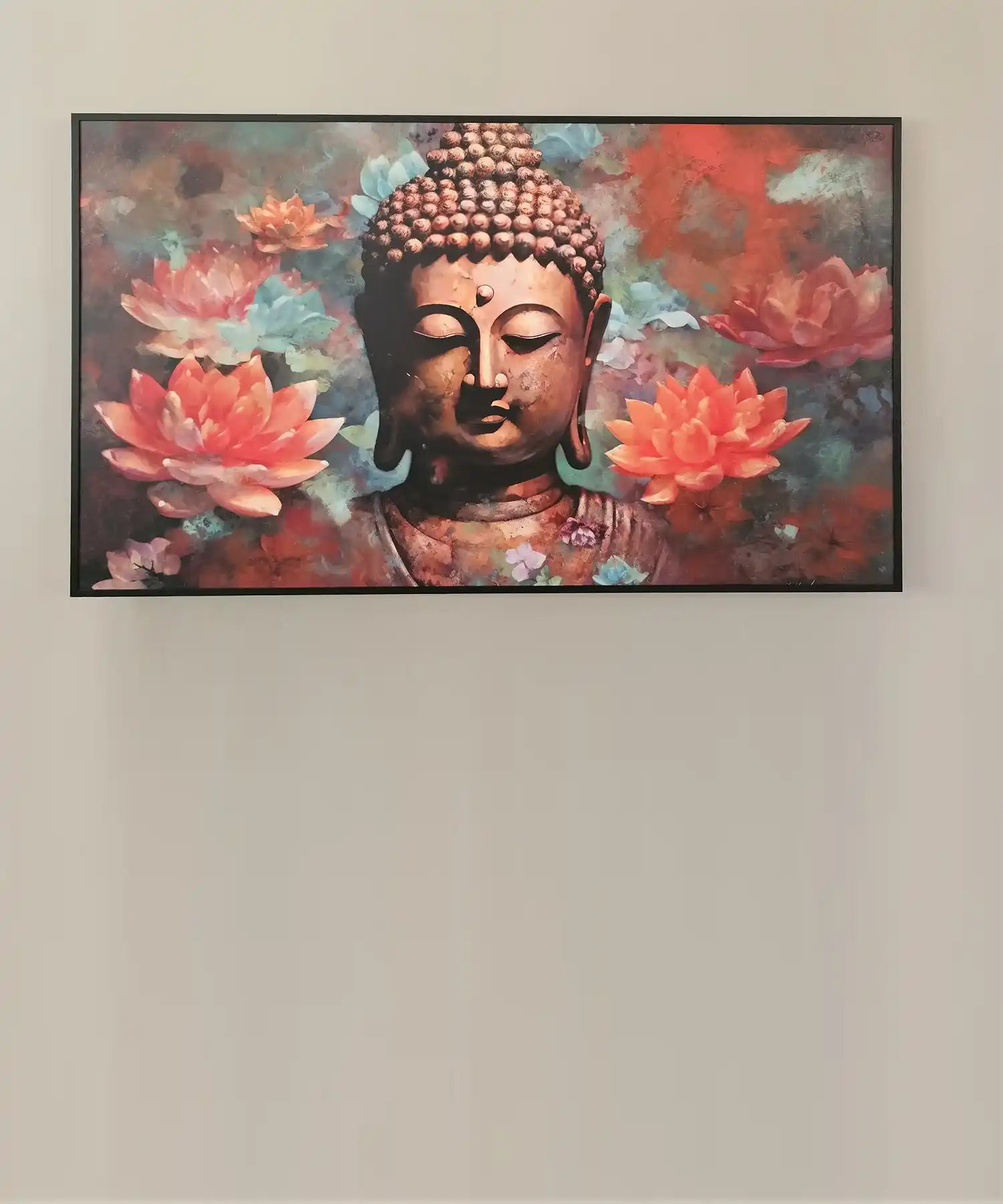 Infrared heater disguised as a vibrant Buddha artwork with lotus flowers, wall-mounted in a neutral-toned room for decorative heating