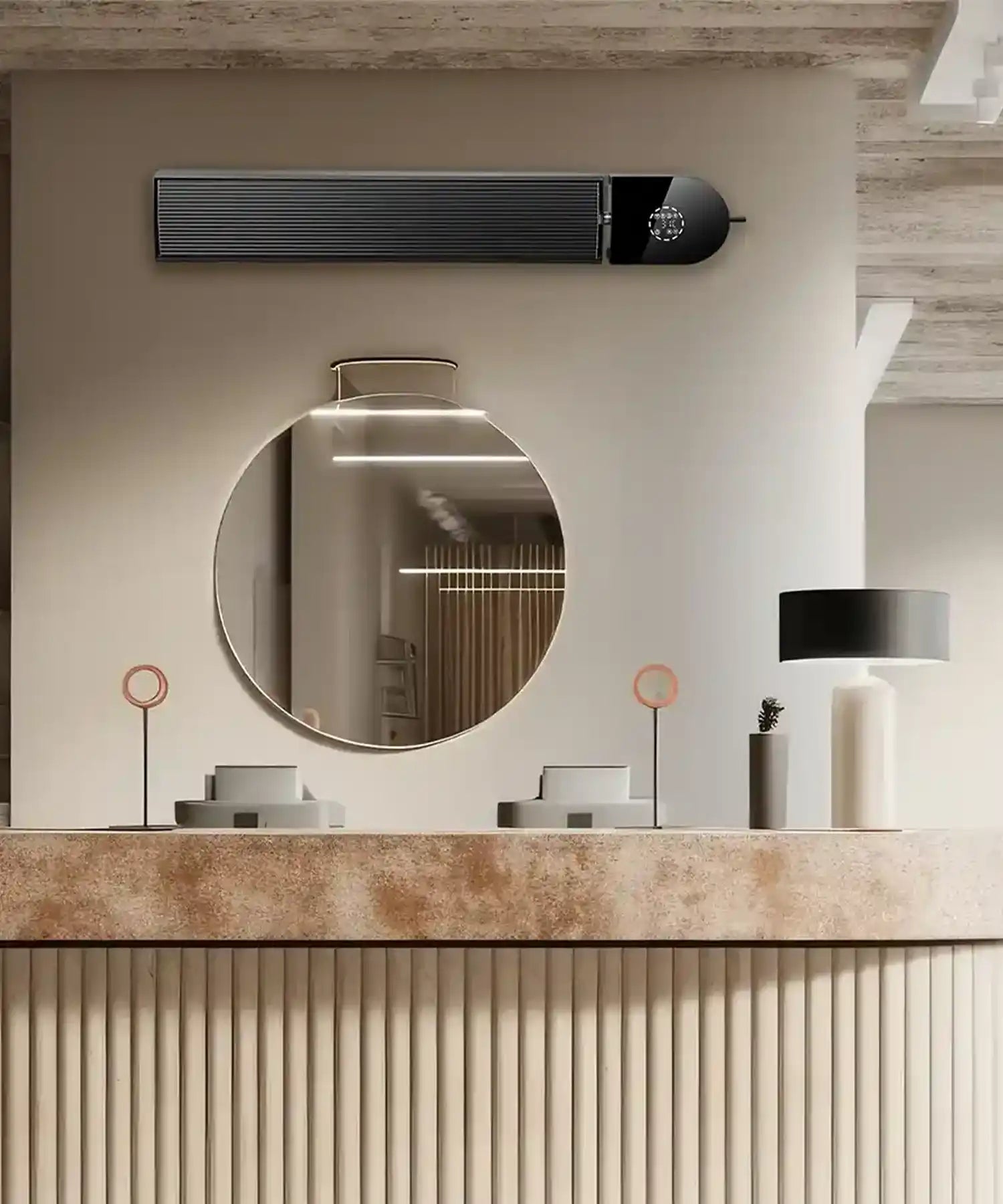 Wall-mounted black KIASA Heater Bar installed above a stylish reception or salon counter with modern décor.