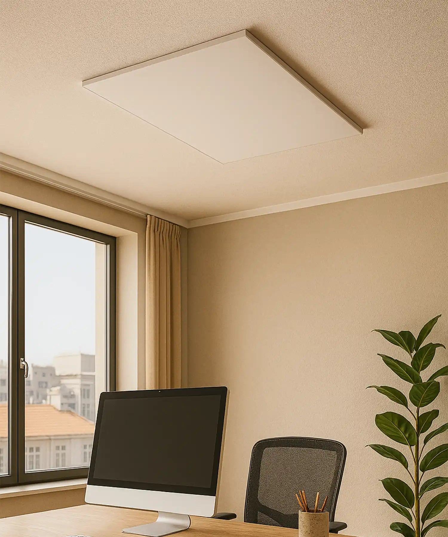 Ceiling-mounted infrared panel heater above a minimalist office desk with computer, plant, and natural lighting.