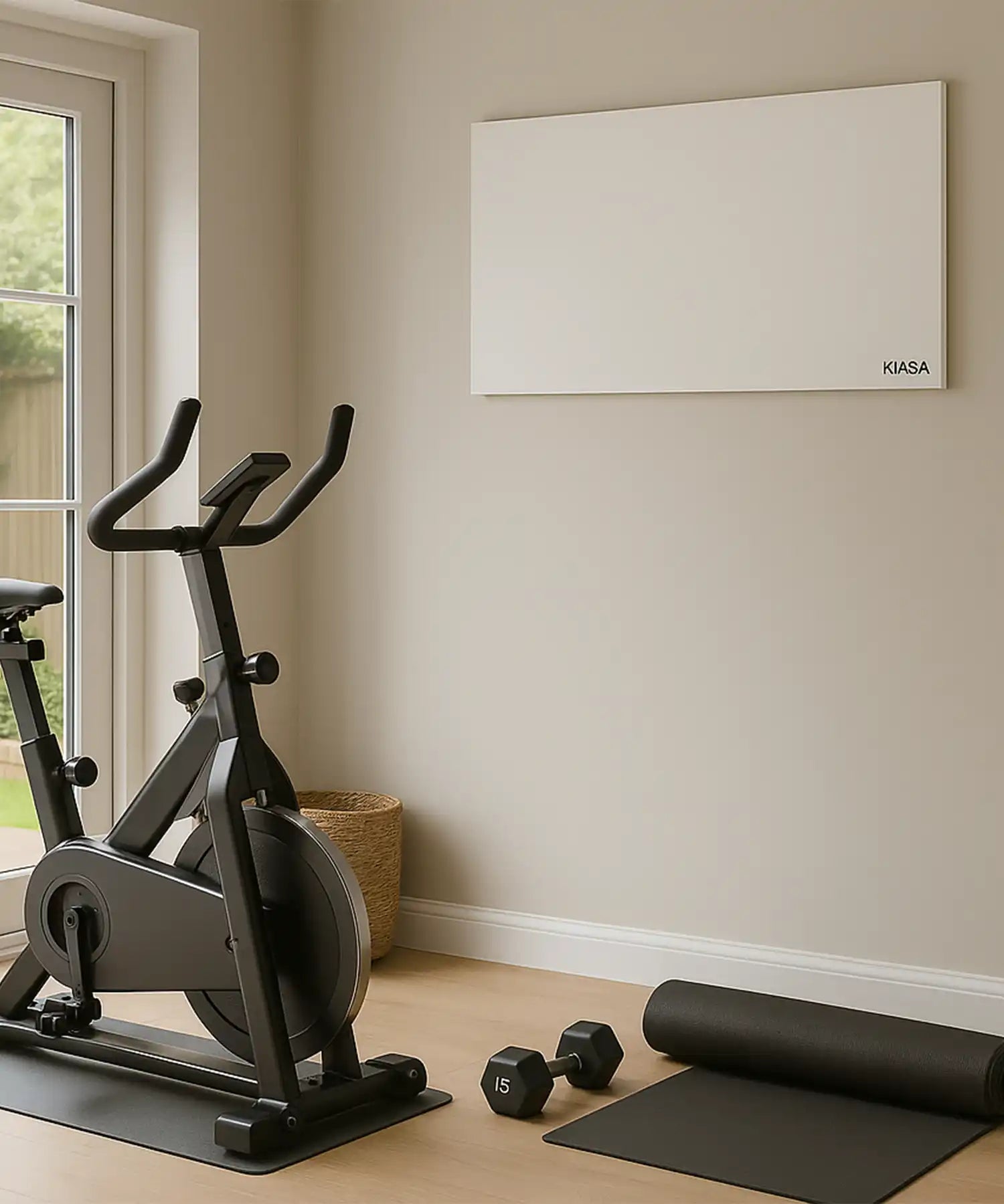 KIASA Prime infrared panel wall-mounted in a stylish home gym featuring a stationary bike, yoga mat, and dumbbells.