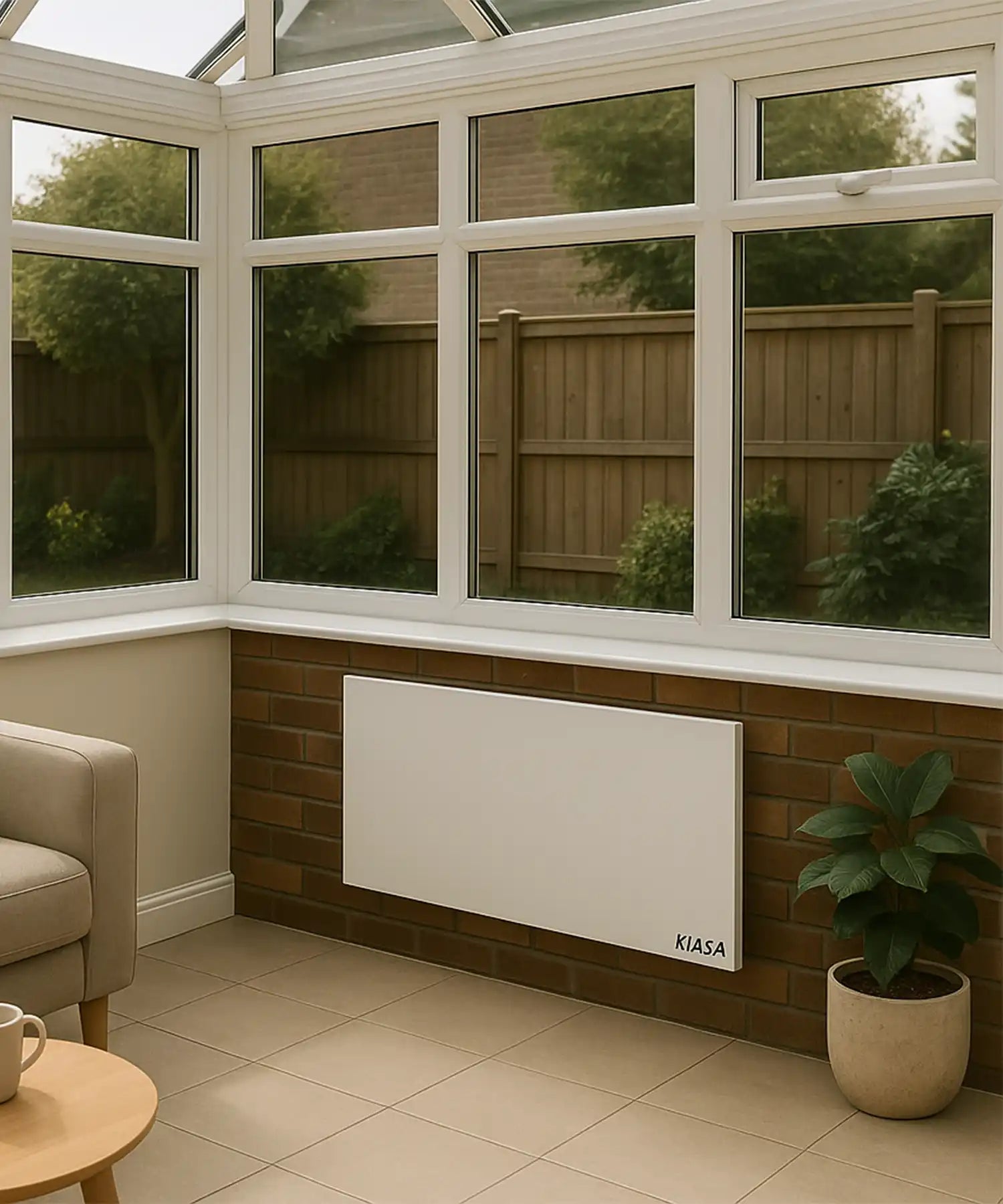 KIASA Prime infrared panel wall-mounted on a brick feature wall in a sunlit conservatory surrounded by windows and plants.