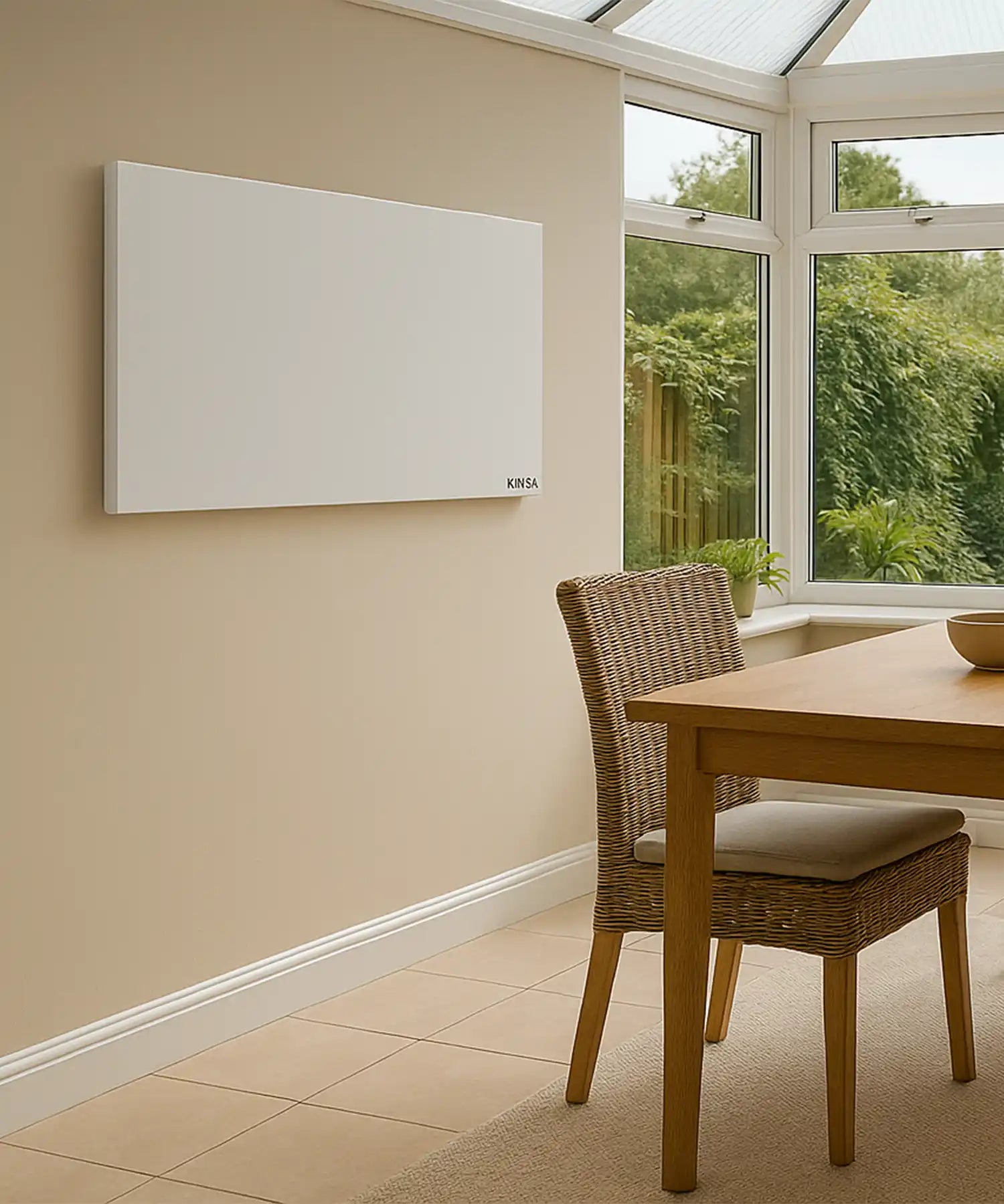Minimalist KIASA Prime infrared panel mounted on the wall of a bright, contemporary conservatory.