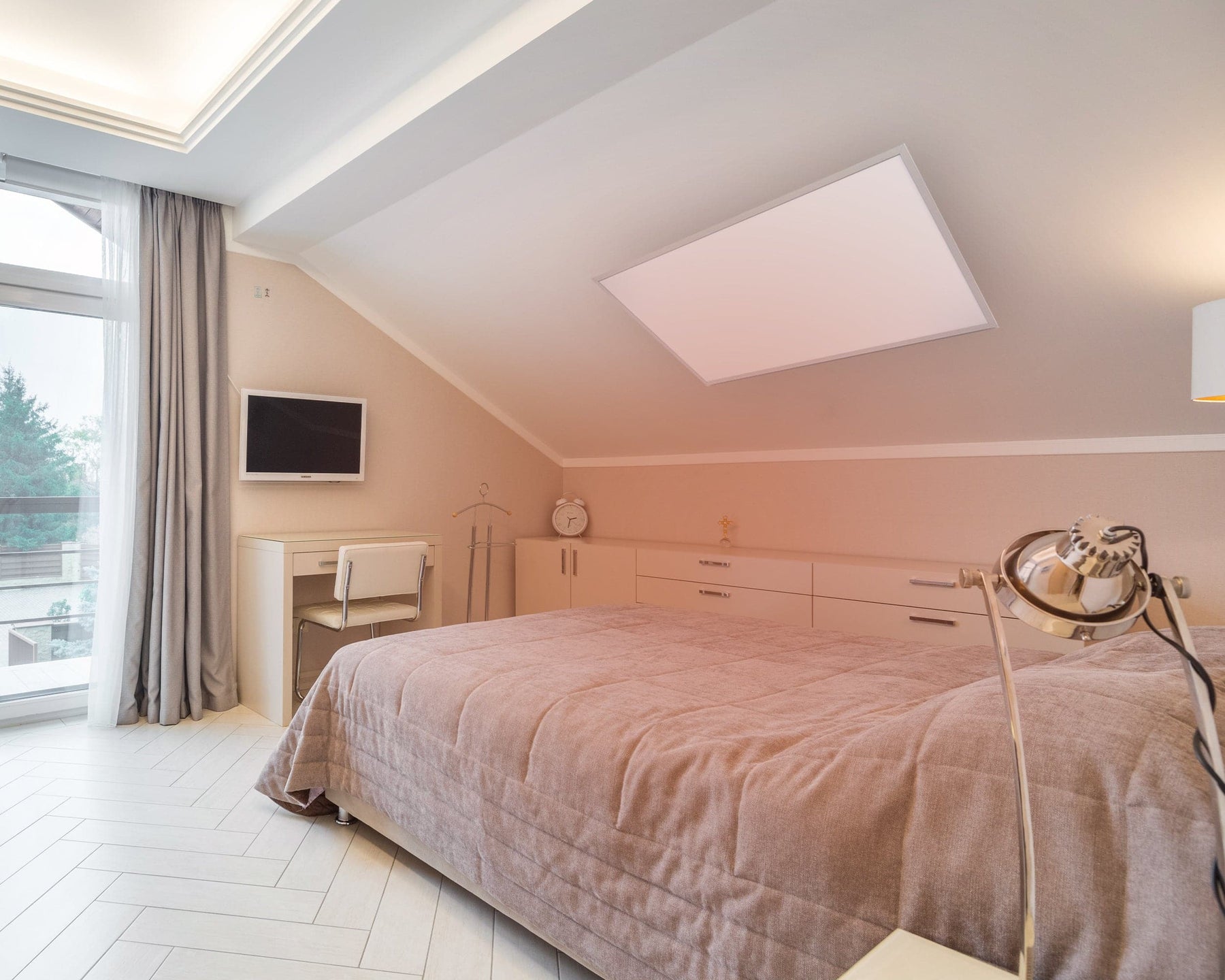 Kiasa 720W Smart Wi-Fi Infrared Heating Panel - Ceiling mounted on apex ceiling in the Bedroom - Radiating Infrared Heat
