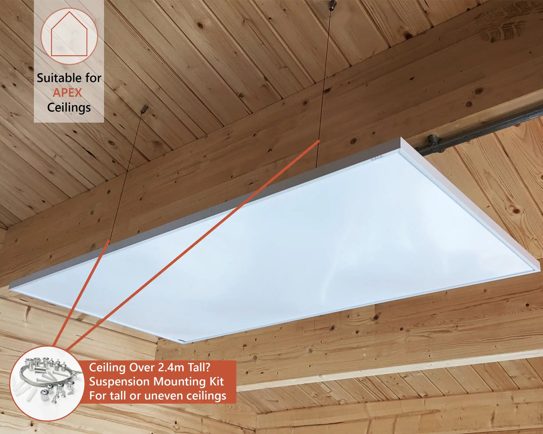 Kiasa Infrared Panel Ceiling Suspended with suspension mounting kit for high or even ceilings, suitable for apex ceilings