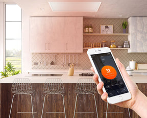 KIASA 800W Smart Wi-Fi Infrared Heating Panel - controlled with APP, Tuya App/Smart Life App on the phone - Ceiling mounted panel in the kitchen set at targeted temperature