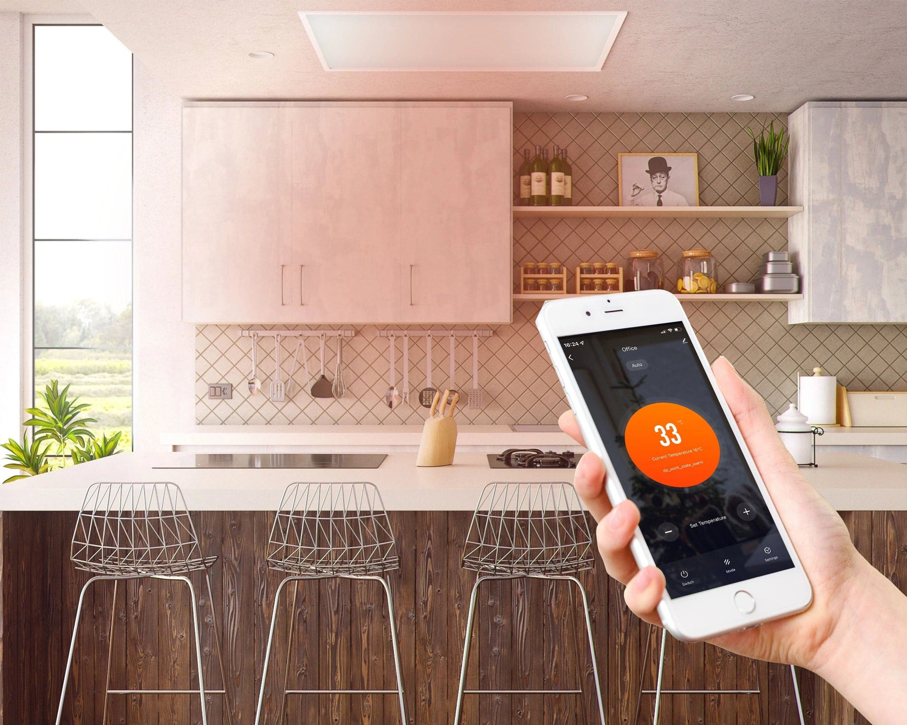 KIASA 1200W Smart Wi-Fi Infrared Heating Panel - controlled with APP, Tuya App/Smart Life App on the phone - Ceiling mounted panel in the kitchen set at targeted temperature
