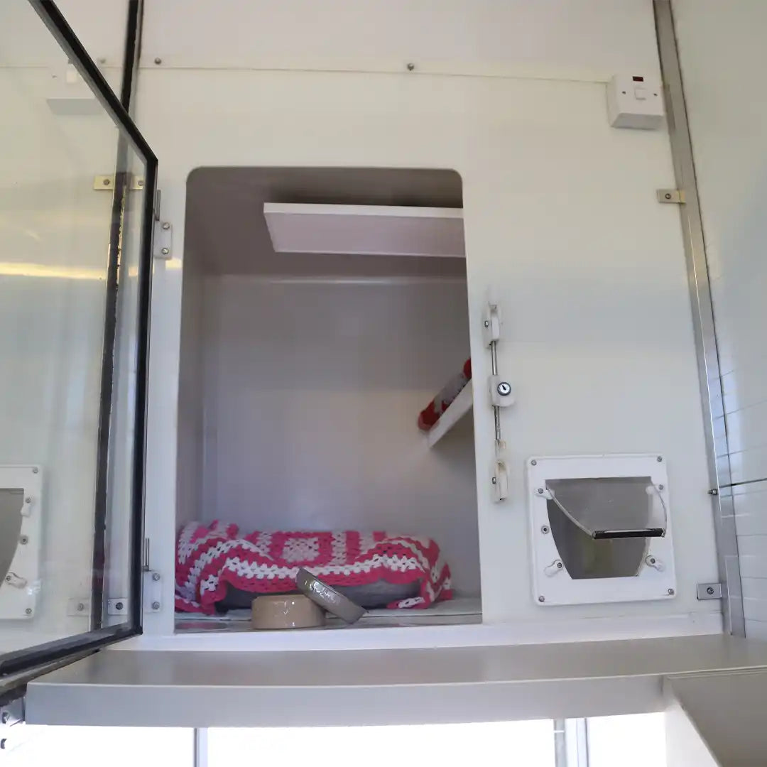 Ceiling-mounted KIASA 180W infrared heating panel inside an unoccupied cattery pen at an animal shelter, showing safe and space-efficient heating setup.