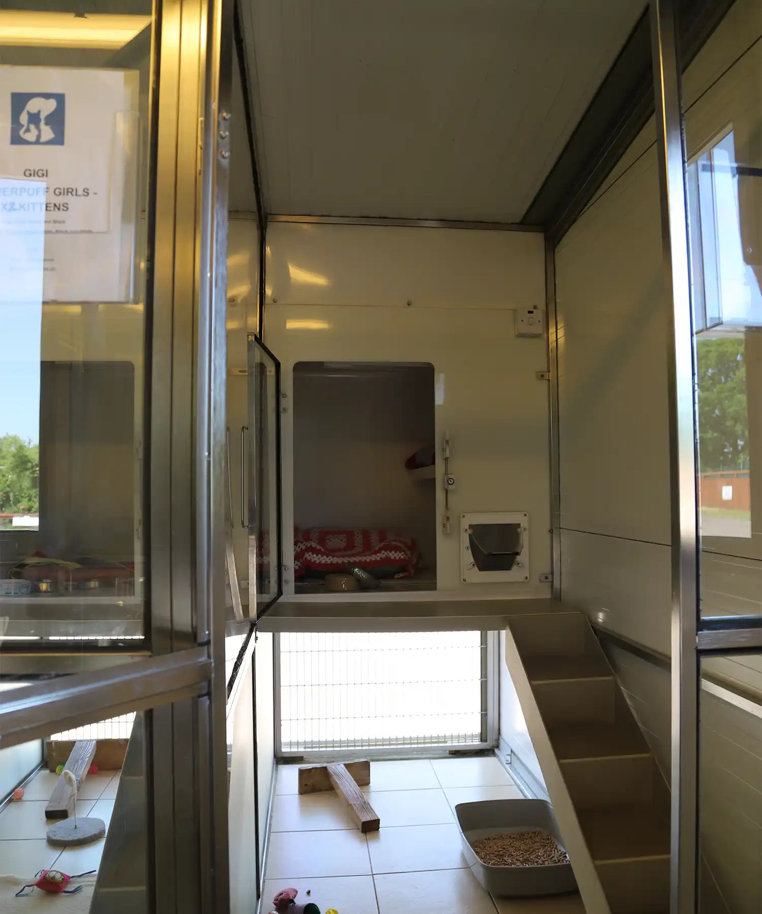 Spacious cattery enclosure at an animal rescue centre featuring a ceiling-mounted infrared panel, play area, food bowls, and a raised sleeping section.