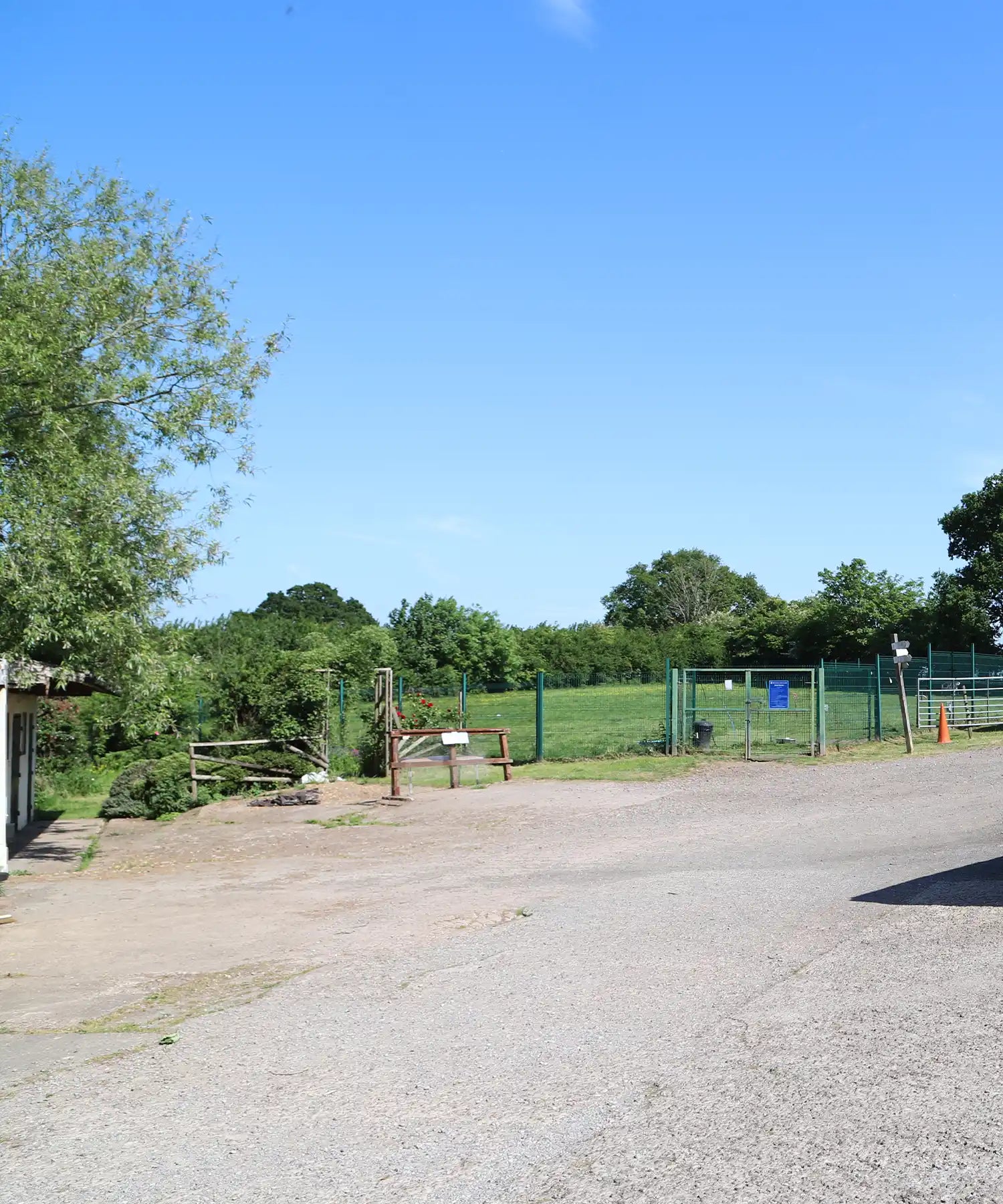 Sunny outdoor view of the All Creatures Great and Small animal rescue centre, featuring open green fields, fencing, and a gravel pathway.
