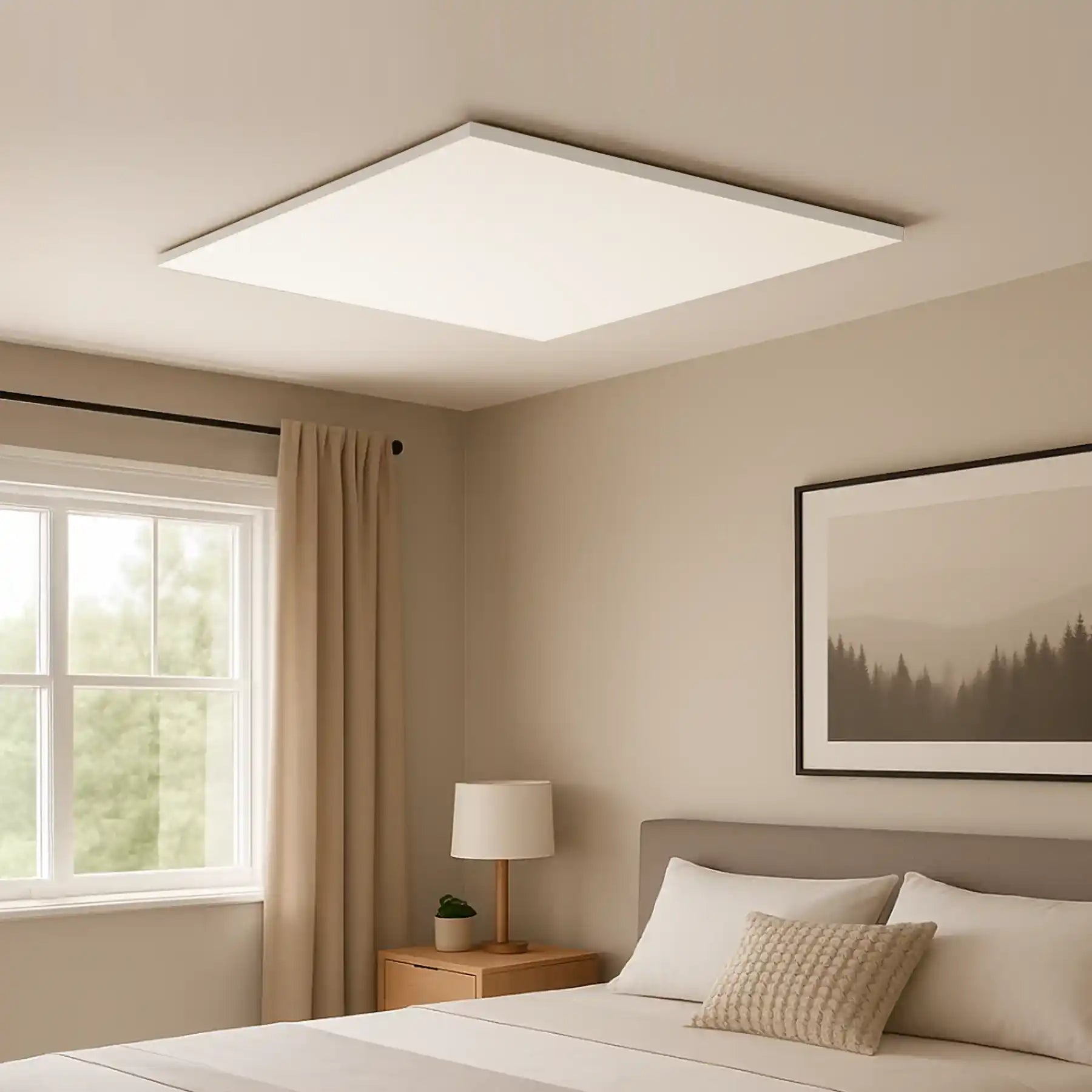 Ceiling-mounted Kiasa Kore infrared panel heater in a minimalist bedroom with neutral tones, soft lighting, and framed wall art above the bed.