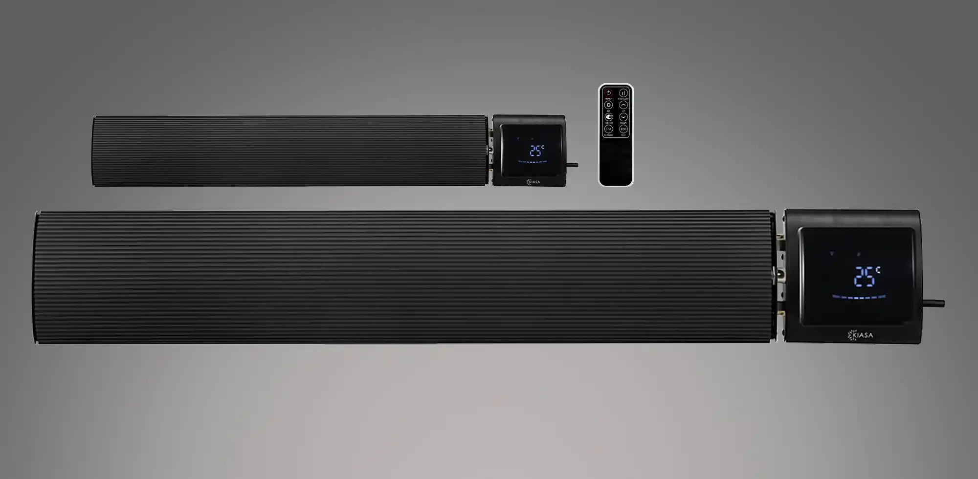 Two black Kiasa IKON Smart Infrared Heater Bars in different sizes with digital temperature display and included remote, displayed on a grey background.