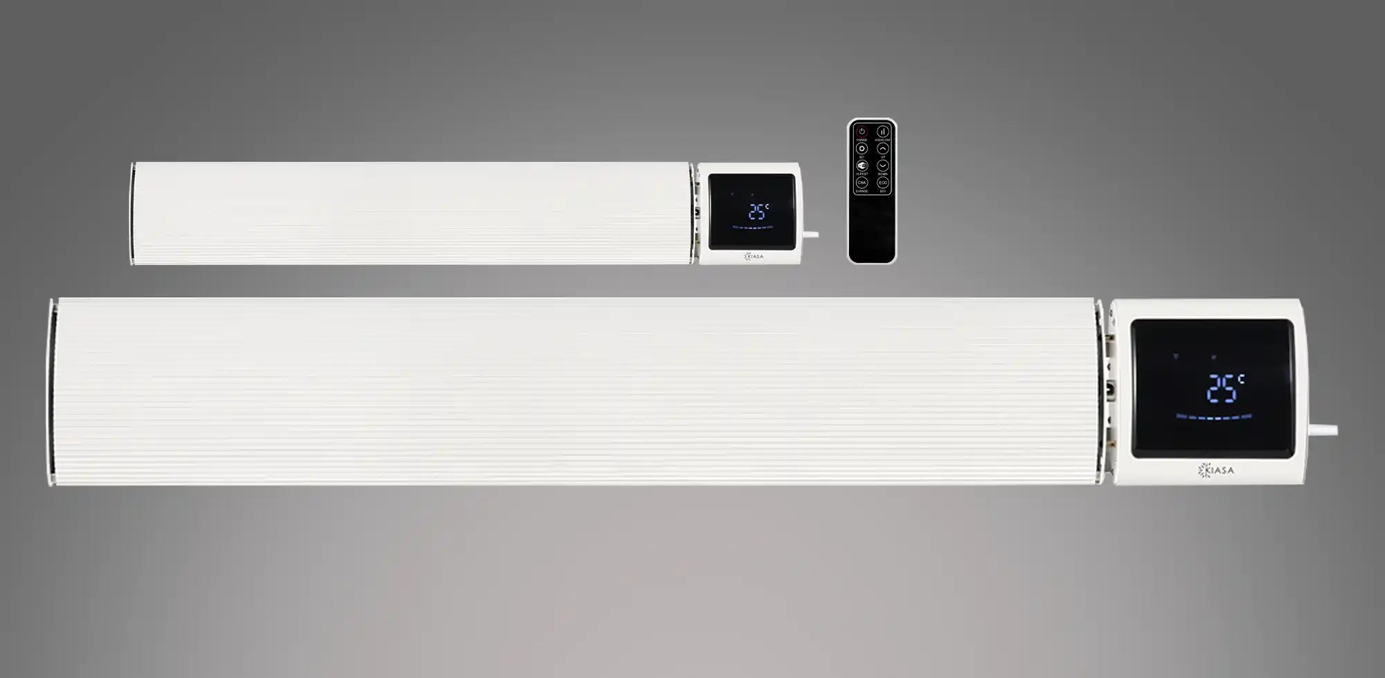 Two white Kiasa IKON Smart Infrared Heater Bars in different sizes with LED temperature display and remote control, shown on a grey background.