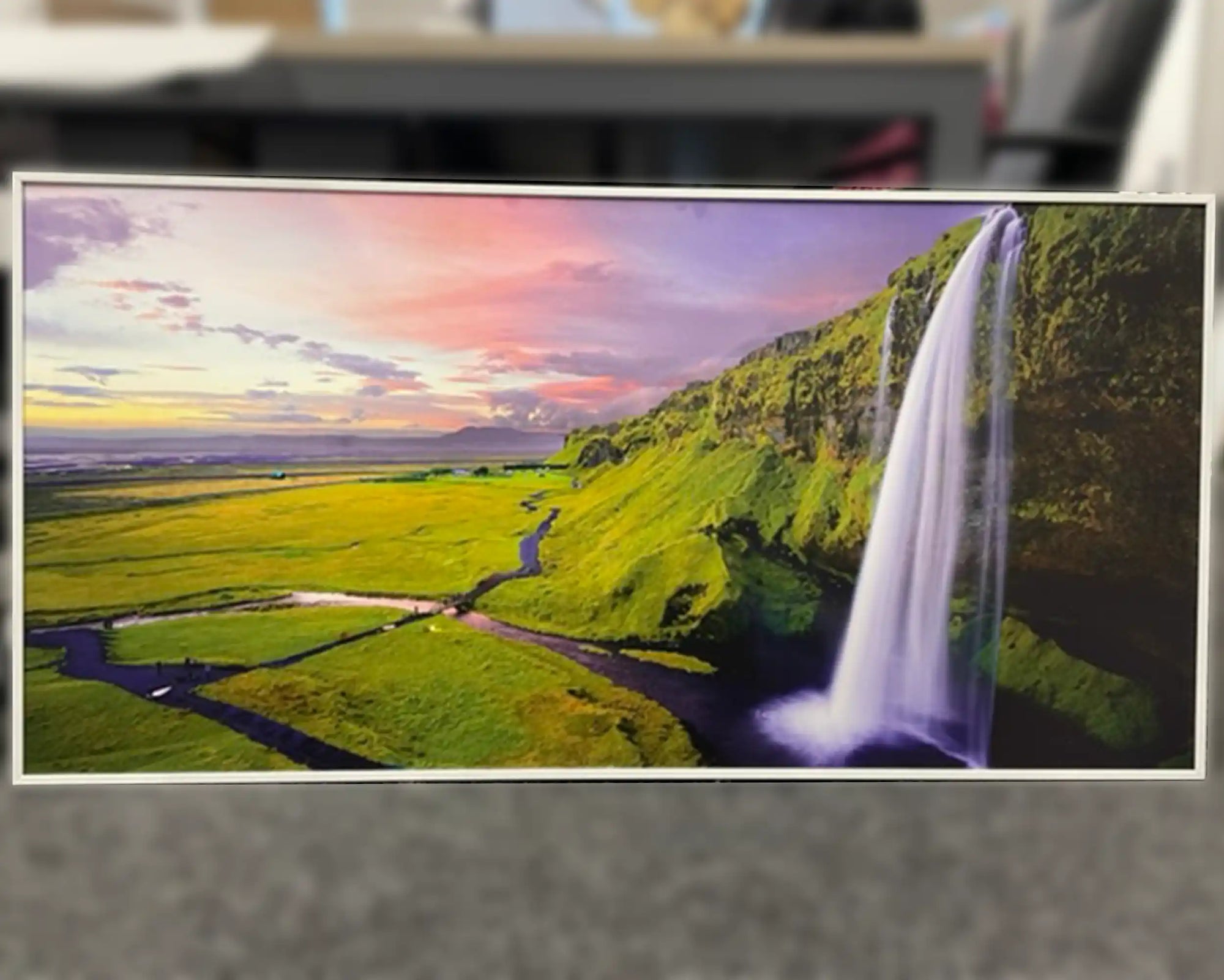 Custom panel with image of waterfall with purple and pink sky