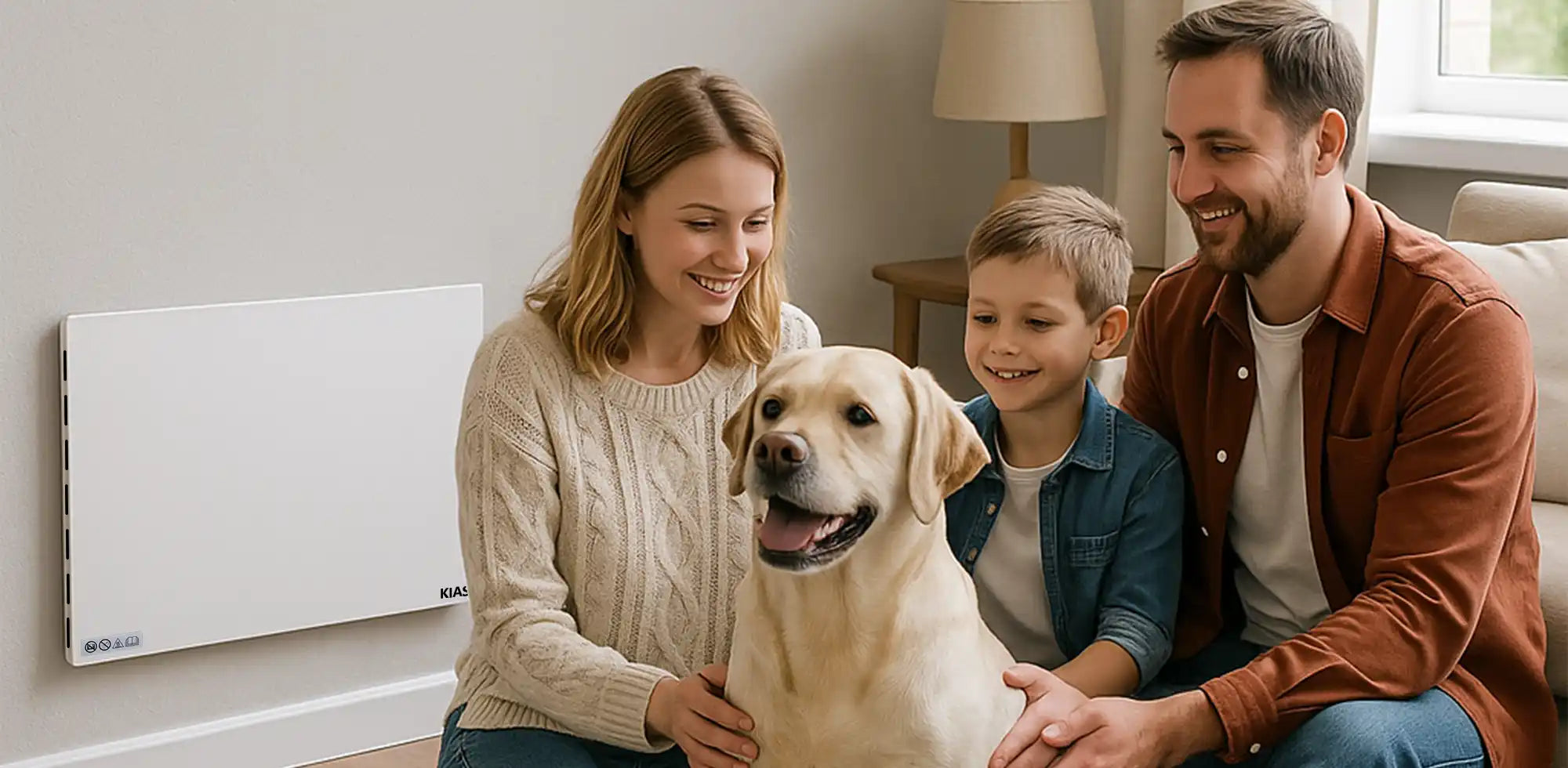 Family with child and Labrador sitting next to a wall-mounted Kiasa Kore Hybrid Heater
