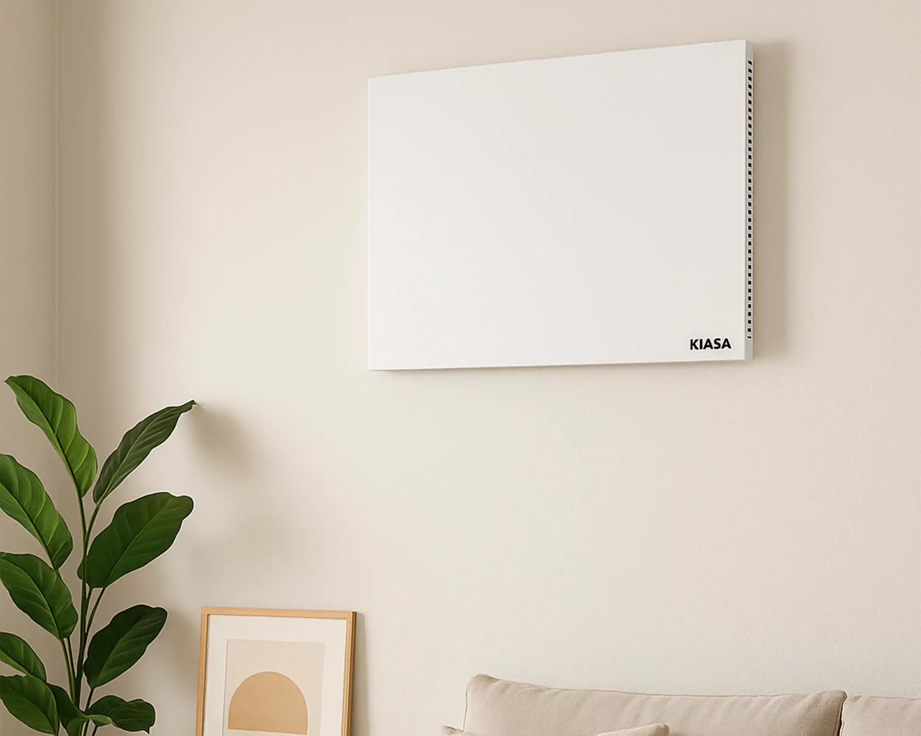 Kiasa Kore Hybrid hybrid infrared panel mounted on the wall of a living room