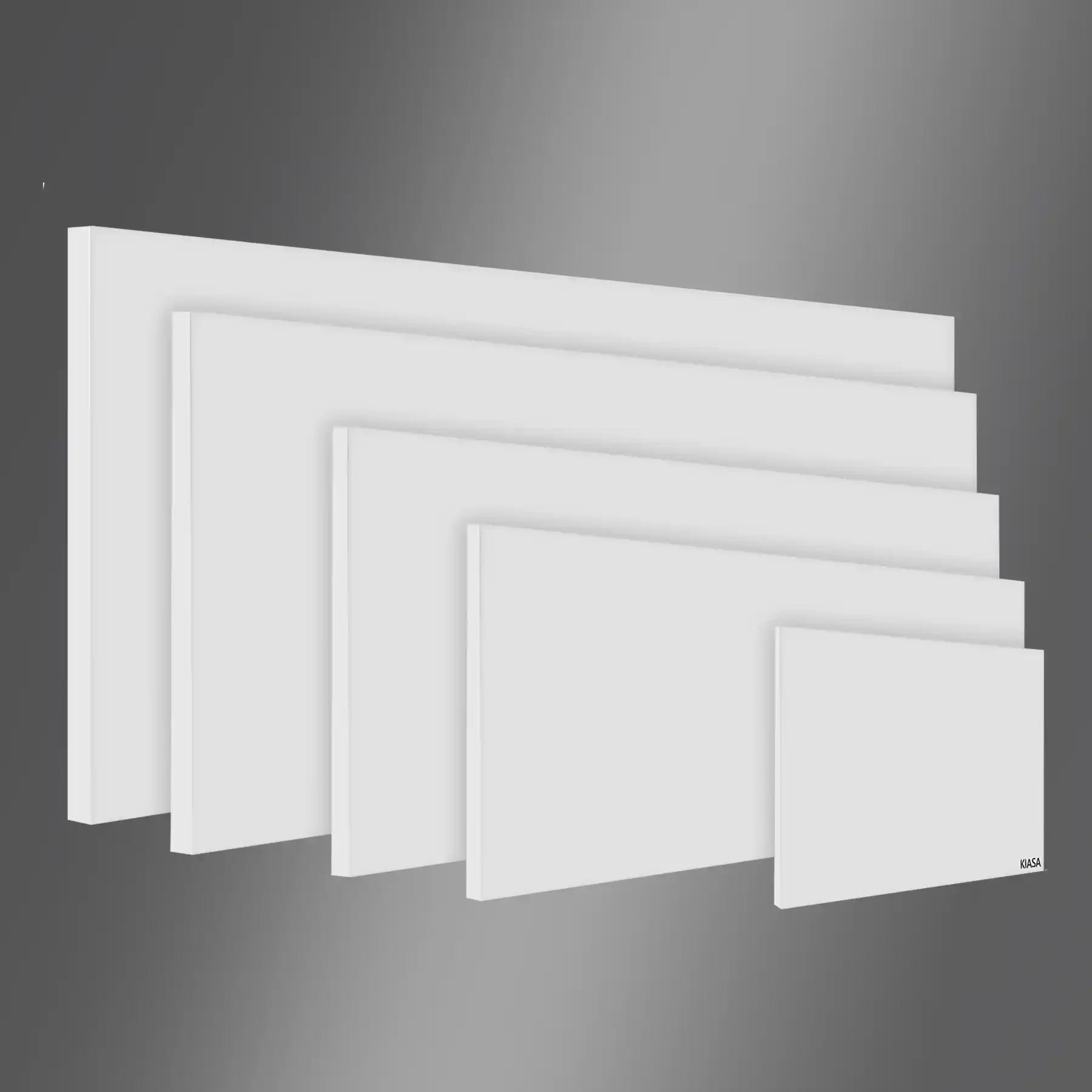 A lineup of Kiasa Kore Prime infrared heating panels in multiple sizes displayed on a dark gradient background, showcasing the product range.