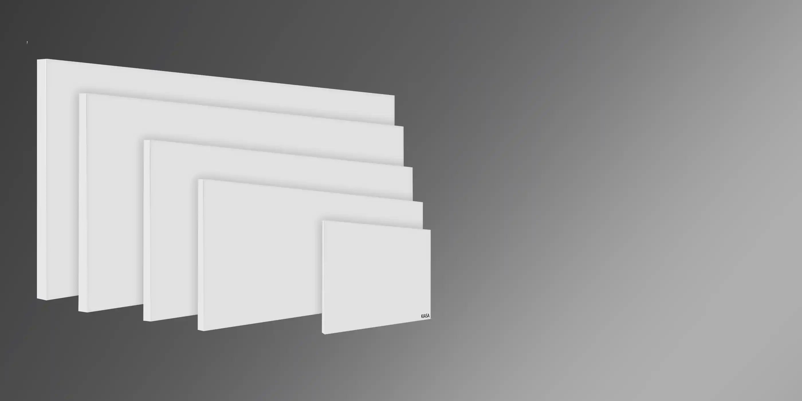 A lineup of Kiasa Kore Prime infrared heating panels in multiple sizes displayed on a dark gradient background, showcasing the product range.