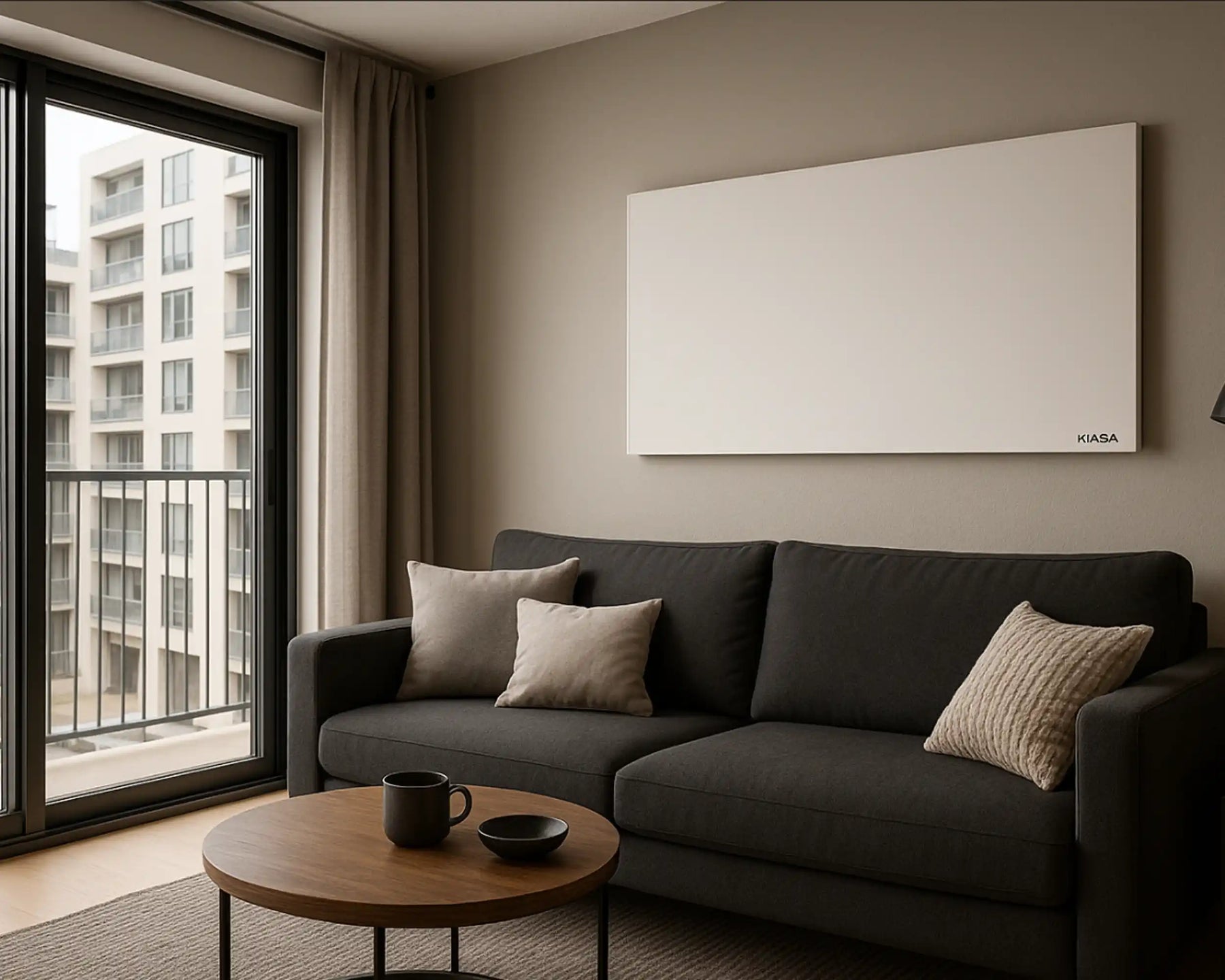 Kiasa Kore Panel mounted on wall in a flat 1100w Panel with remote