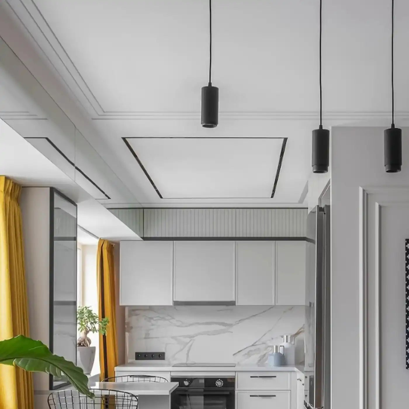 Kiasa's Eko infrared Panel Heater Installed in open plan kitchen on ceiling to blend in