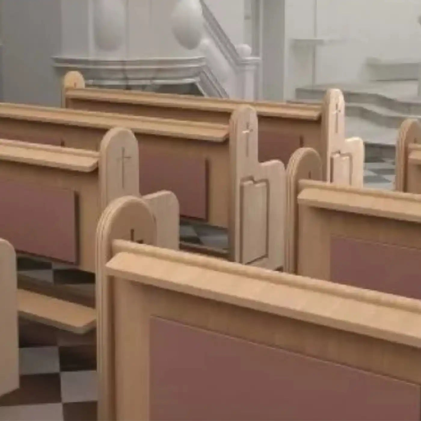 Kiasa's Eko infrared Panel Heater Colour panels installed behind pews in a church