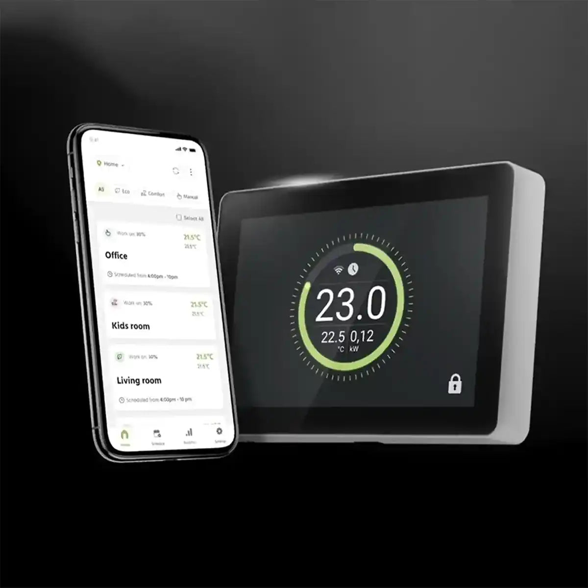 Smart infrared heating thermostat with a digital display showing 23°C, alongside a smartphone app controlling multiple rooms for efficient home heating.