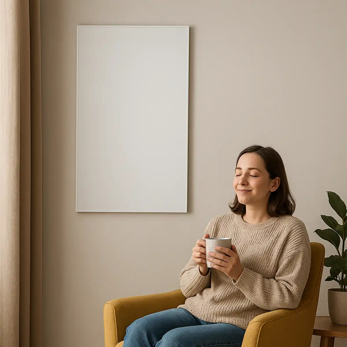 Woman relaxing in a mustard armchair with a hot drink, seated in front of a slim, wall-mounted infrared heater in a minimalist living space.