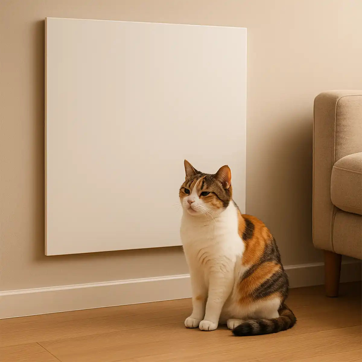 Tricolour cat sitting peacefully in front of a wall-mounted infrared panel heater in a cosy home interior with wooden flooring and neutral tones.