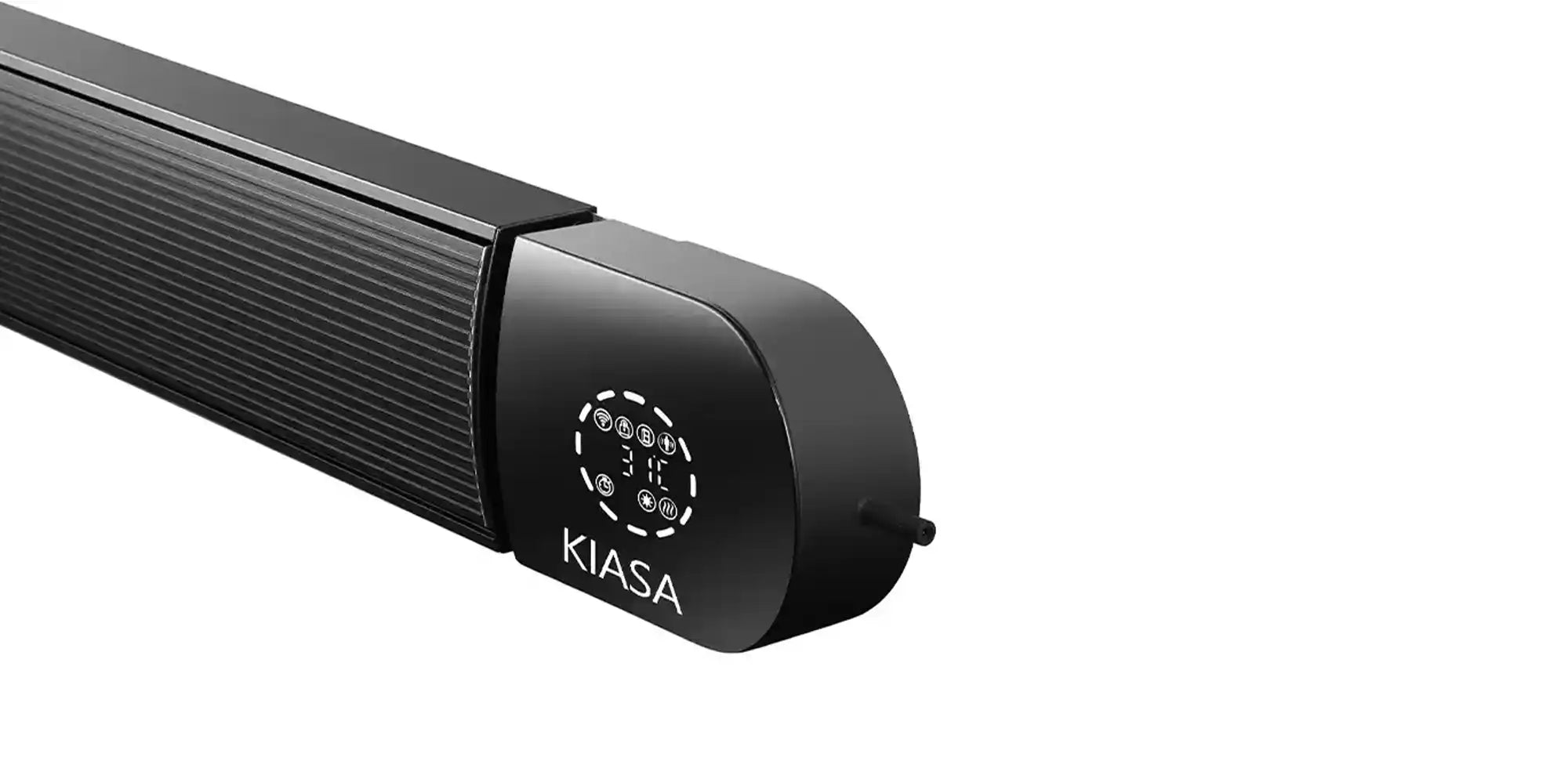 Close-up of the KIASA black infrared heater bar showing the LED touchscreen control panel with icons for power, timer, and temperature.