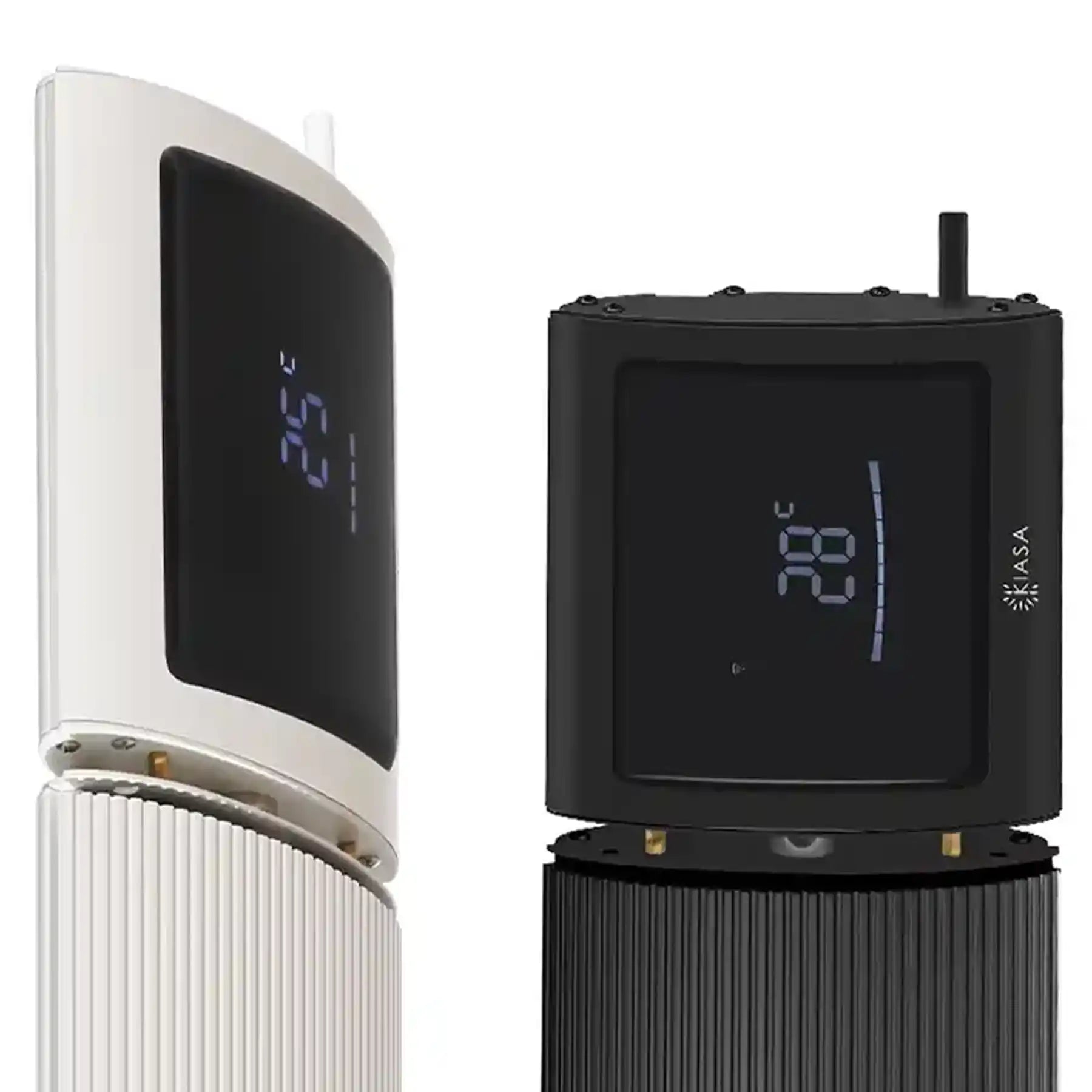 Close-up of black and white Kiasa Smart IKON infrared heater units with digital temperature displays and included remote control.