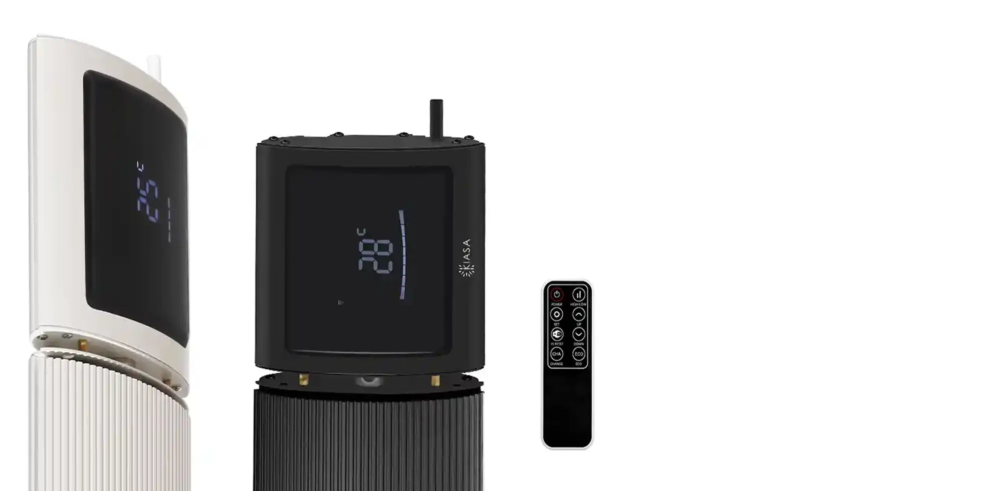 Close-up of black and white Kiasa Smart IKON infrared heater units with digital temperature displays and included remote control.