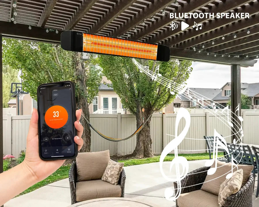 An outdoor Bluetooth speaker bar mounted under a covered patio, shown with a hand holding a smartphone displaying a music app and overlaid music note graphics. The speaker has a black body with a glowing orange-red internal light bar.