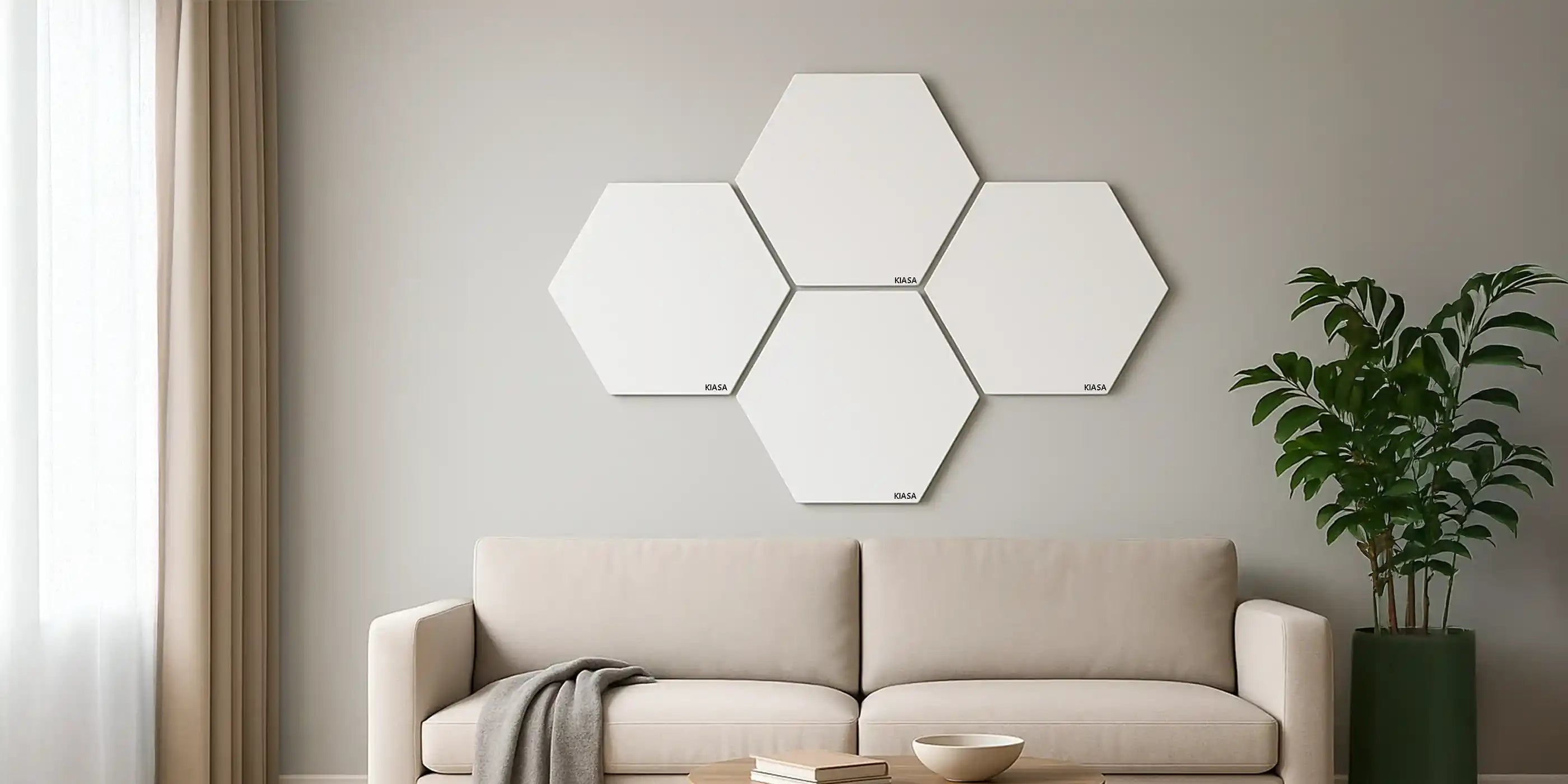 Kiasa Kore Range Panels - KORE HEX - Wall mounted behind a sofa in a living room - Multiple panels interconnected to work as one to give IR Heat