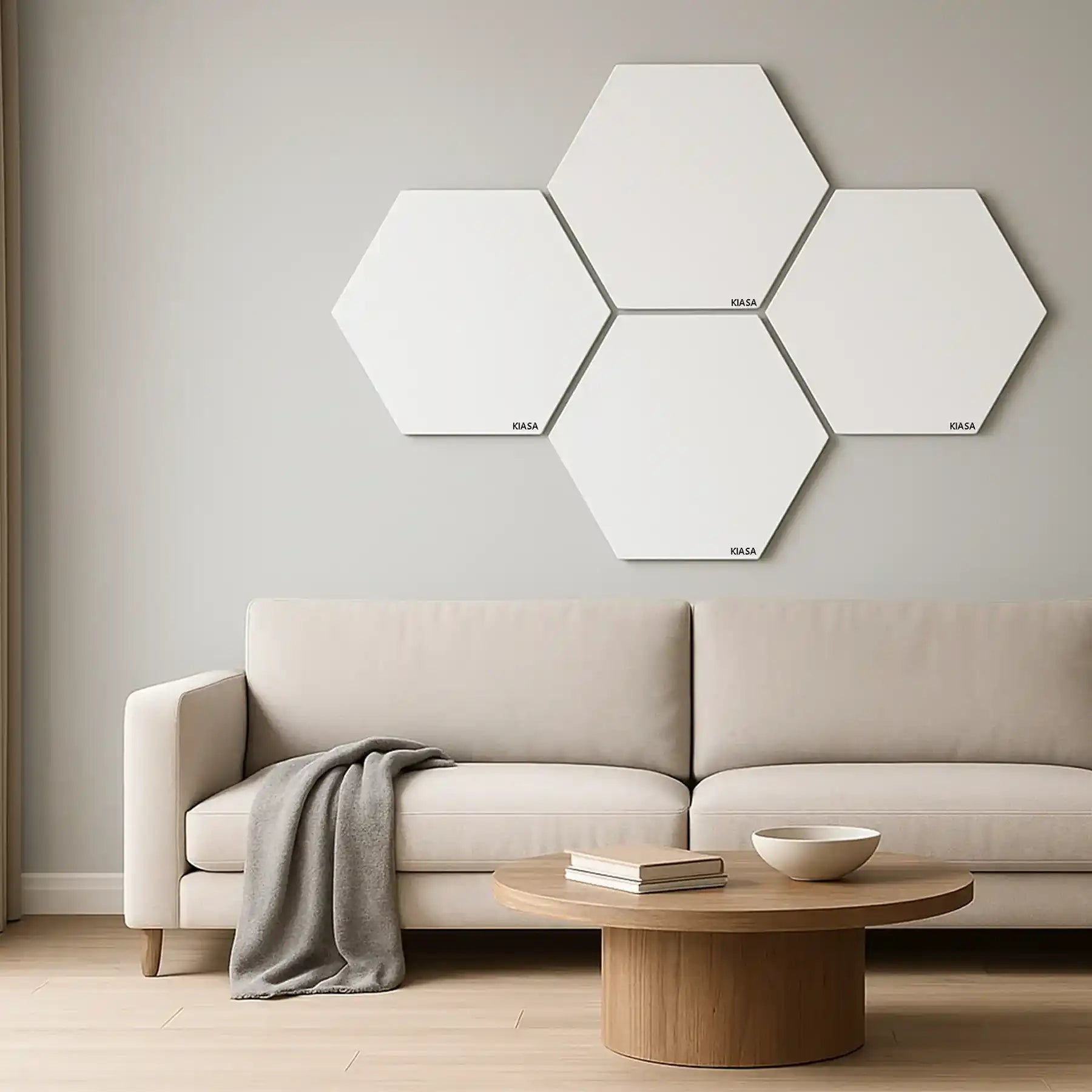 Kiasa Kore Range Panels - KORE HEX - Wall mounted behind a sofa in a living room - Multiple panels interconnected to work as one to give IR Heat