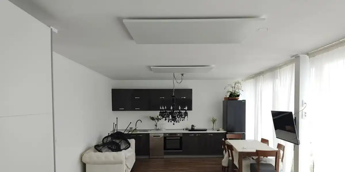 Kiasa Eko Panels Ceiling Mounted in a studio flat for even heat.