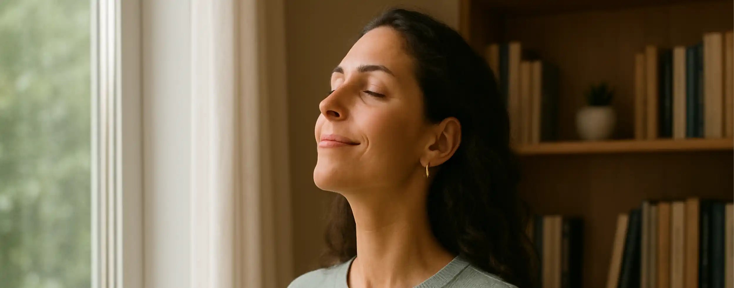 Lady enjoying the natural sunlight - No allergies because she uses infrared heating in her home