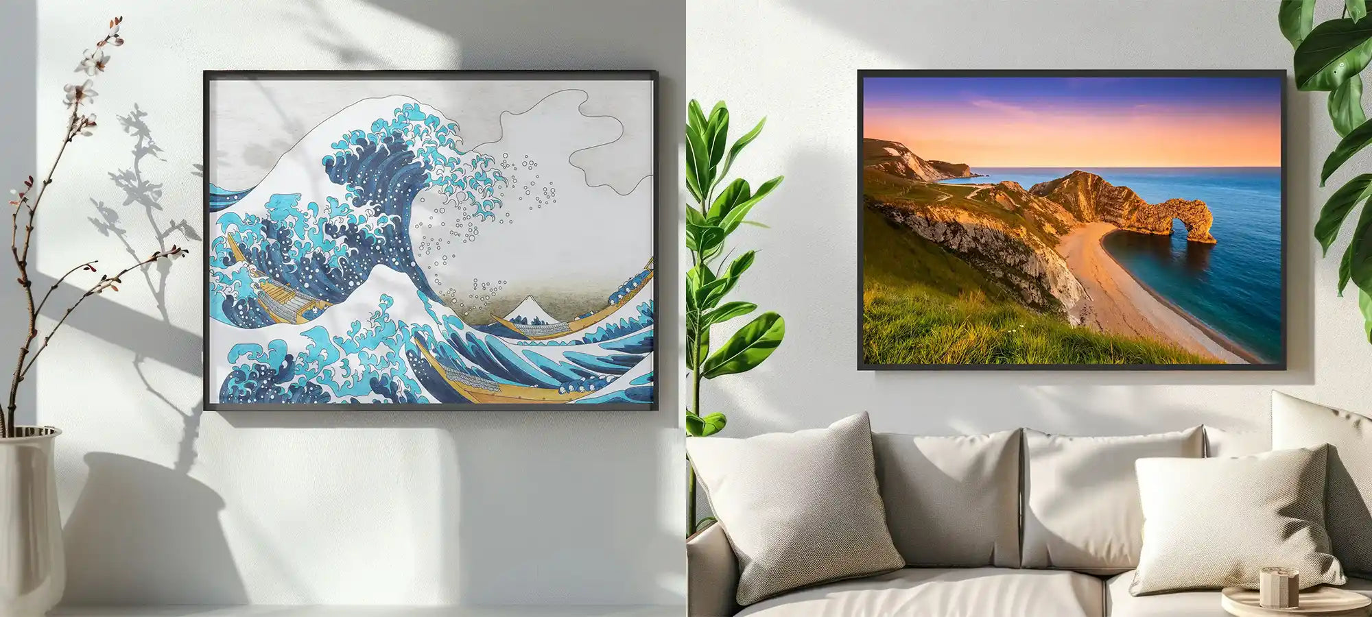 Side-by-side infrared picture panel heaters featuring Hokusai’s Great Wave and a sunset coastal landscape, mounted on a white living room wall surrounded by greenery and minimalist decor.