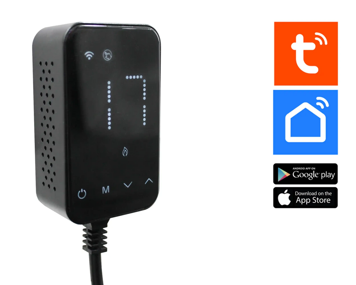 Black electronic device with digital display on a white background, featuring app store download icons.