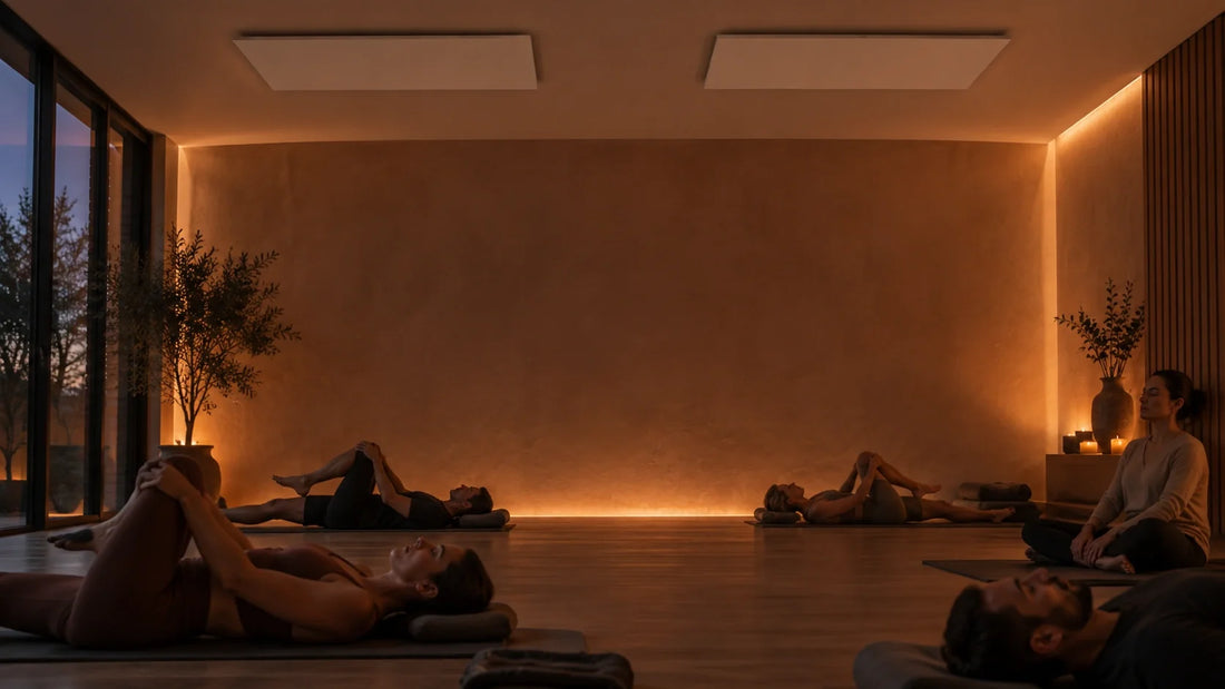Yoga studio with students practising on mats in warm, even infrared heat