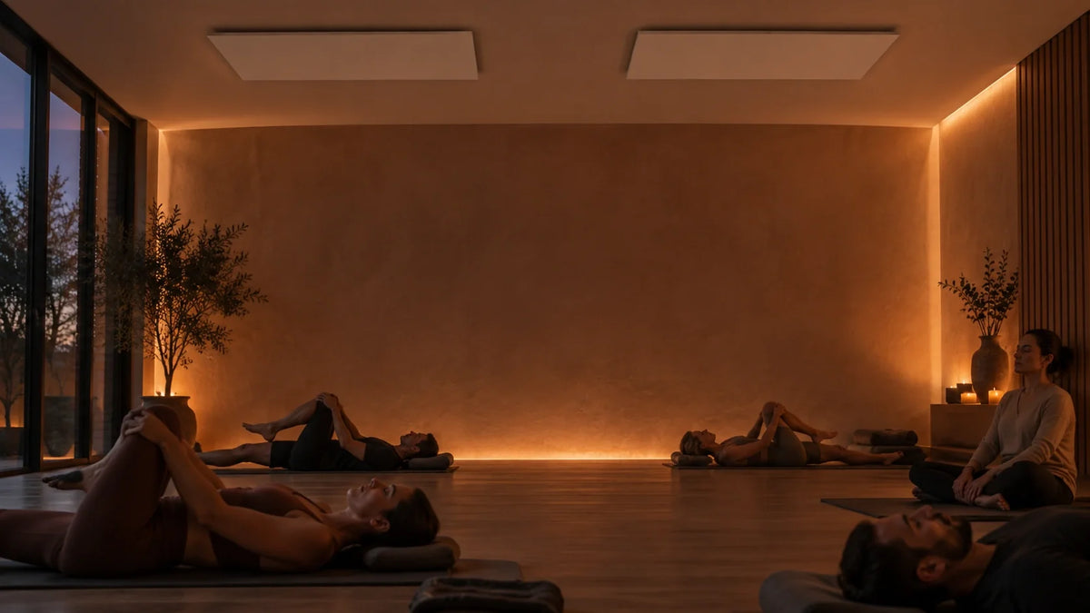 Yoga studio with students practising on mats in warm, even infrared heat