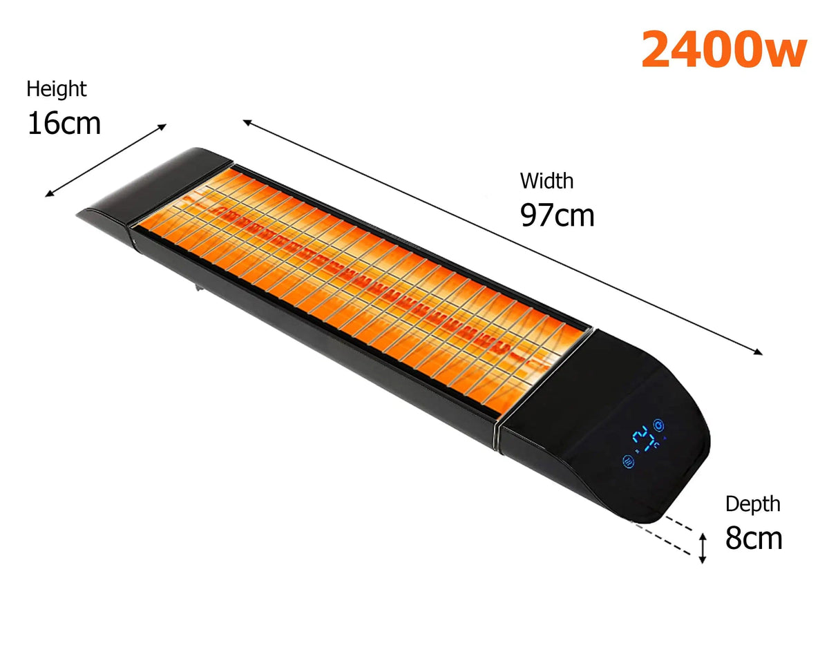 KIASA Sona outdoor infrared heater dimensions: 97cm wide, 16cm high, 8cm deep, 2400W