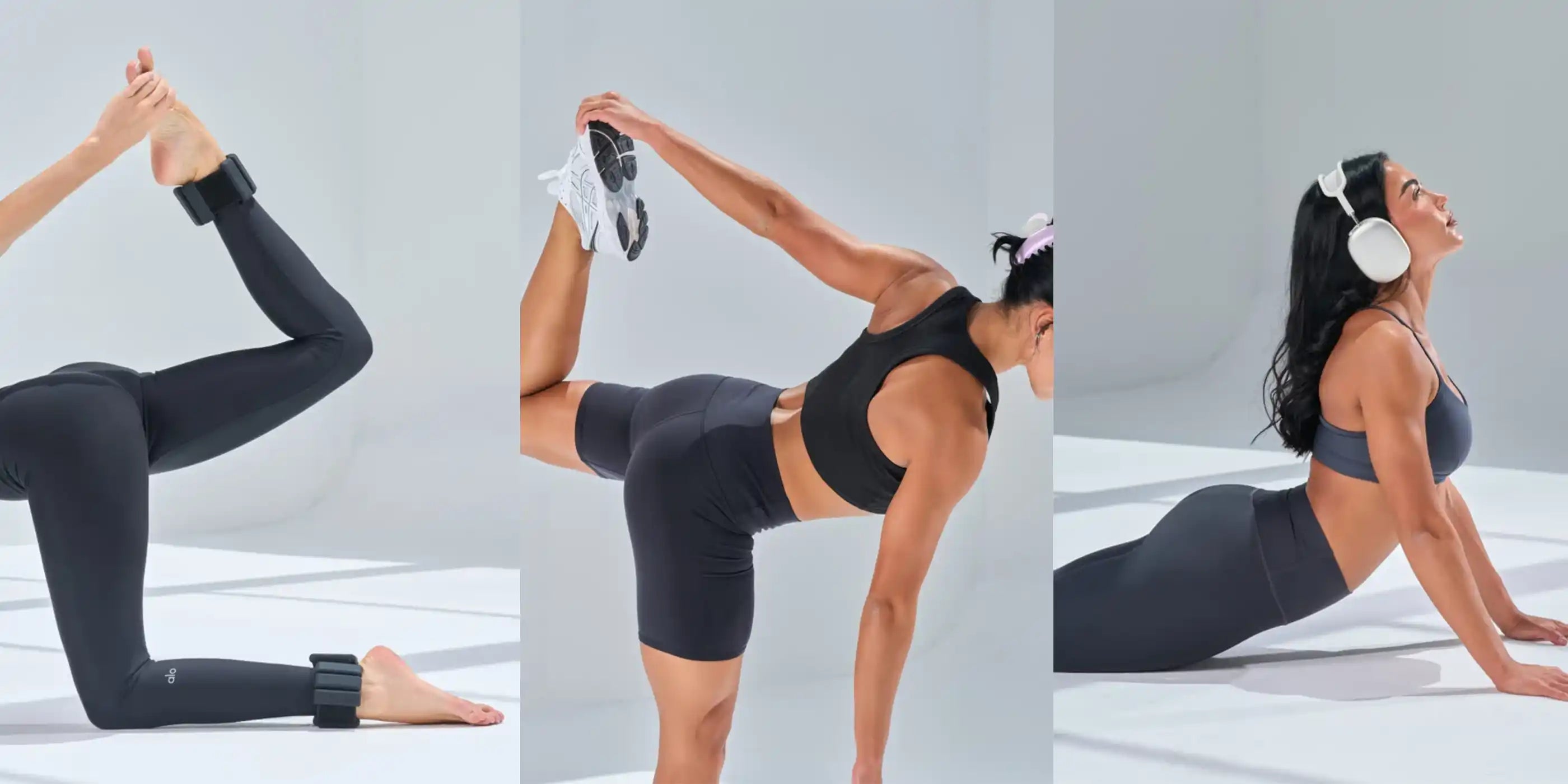 Three stages of a woman performing a yoga pose on a white background