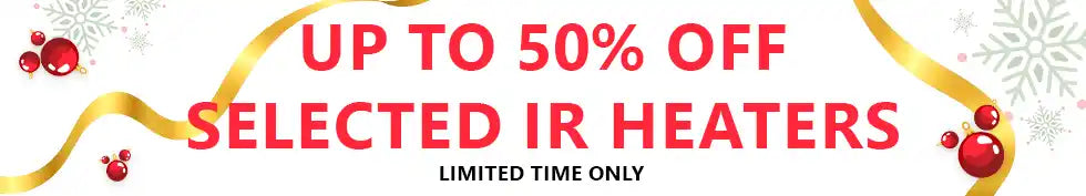 Promotional banner with text 'Up to 50% off selected IR heaters, limited time only' on a yellow background with red ribbons and snowflakes.