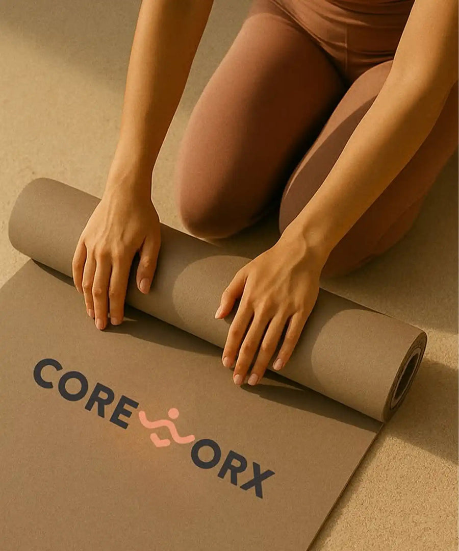 Close-up of hands rolling a CoreWorx yoga mat in a softly lit studio environment, representing mindful movement and premium studio experience.