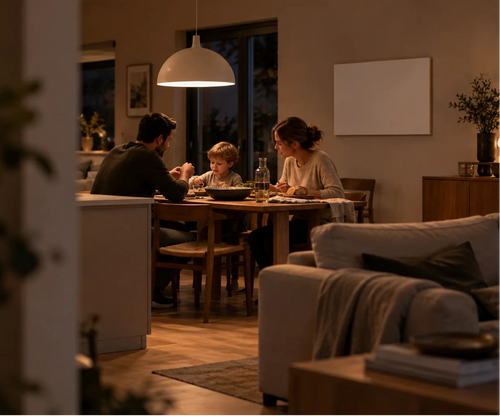 A warm, cozy dining room scene at night with a family of three gathered around a wooden dining table under a hanging pendant light. In the foreground, a softly lit living room with a sofa is visible through a doorway.