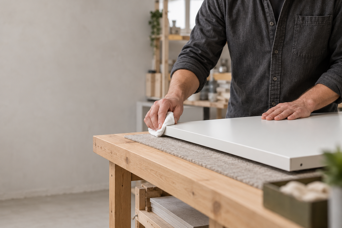 A person in a dark gray shirt wipes a white rectangular infrared panel on a light wood workbench with a cloth, in a bright, modern room.